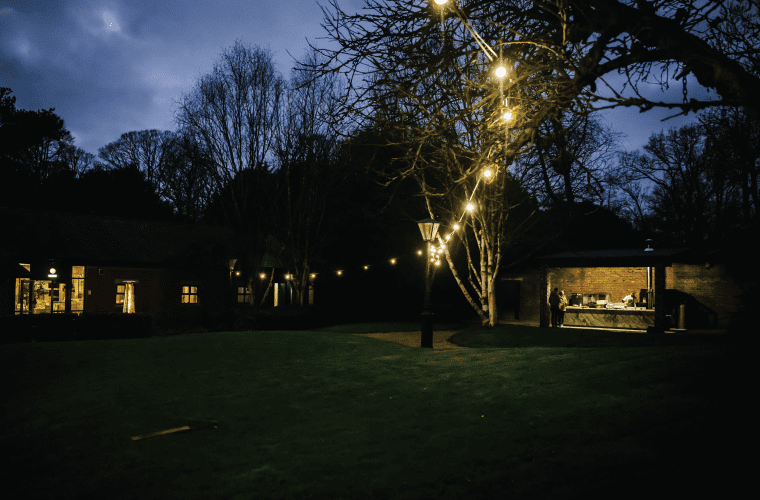 Bartle Hall Wedding Venue Alfresco Area and Outdoor Kitchen at night